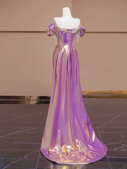Purple-red off-the-shoulder fitted satin long ball gown, bridal dress R8288