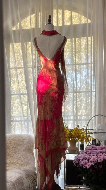 Pink retro color-blocked halter-neck fitted long ball gown R7733
