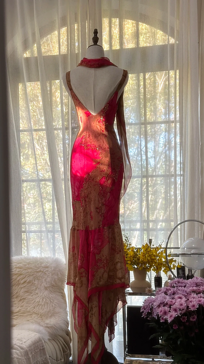 Pink retro color-blocked halter-neck fitted long ball gown R7733