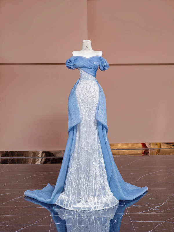 Light blue off-the-shoulder fitted long ball gown R8379