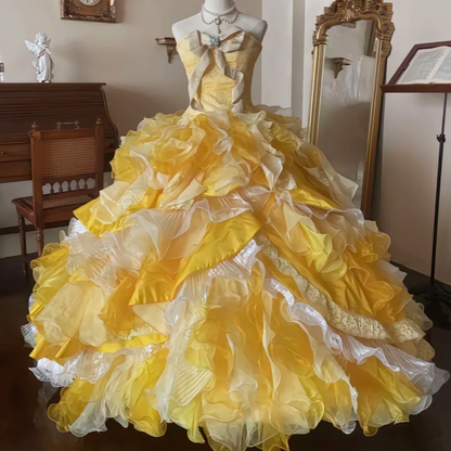 Yellow strapless, fitted waist, tulle skirt ball gown, wedding dress R7250