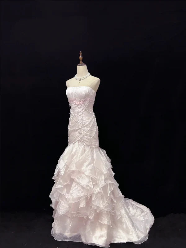 Elegant Light Pink Strapless Chiffon Sweet 16 Quinceanera Mermaid Evening Dress Ball Gown TP4280