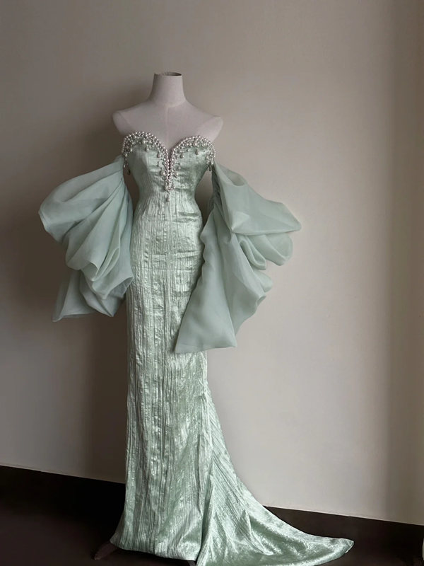 Light green strapless, waist‑cinching, slim‑fit, bodycon sexy long ball gown R8003