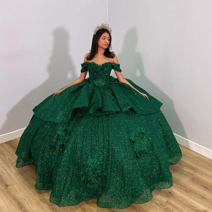 Emerald Green Shiny Handmade 3D Flowers Beading Quinceanera Dresses Ball Gown Off The Shoulder Sweet 16 Dress