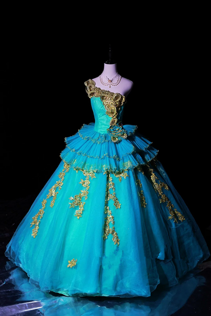 Lake blue one-shoulder fitted waist slim-fitting ball gown with a full skirt R8685