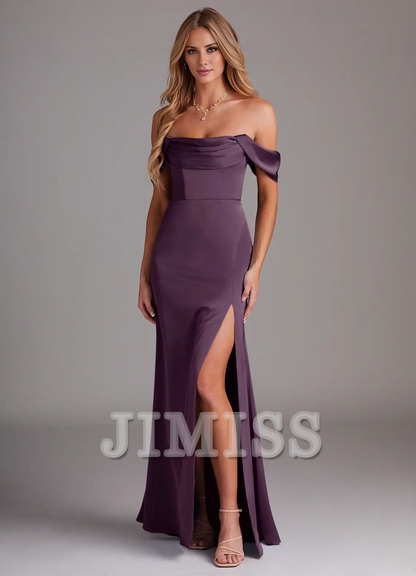 Off Shoulder Side Split Satin and Floor length Bridesmaid Dress - Dress