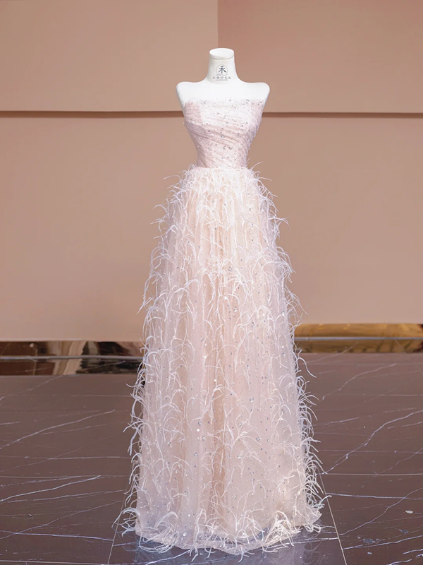 Light pink strapless, fitted waist, long ball gown with feather skirt design; bridal gown R8345