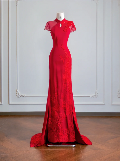 Red Chinese-style neckline, fitted waist, slimming and sexy long ball gown R8151