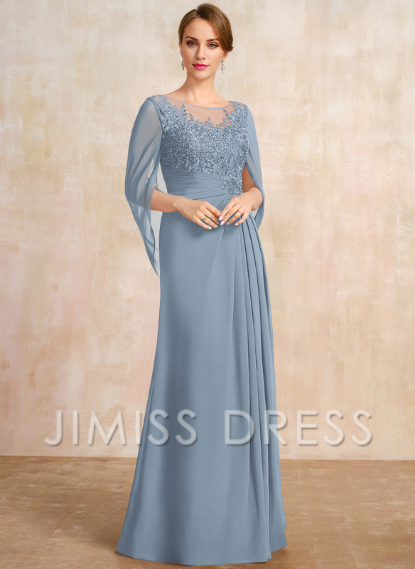 A-shaped Scoop Illusion floor lace chiffon with sequins and pleats, mother of the bride dress