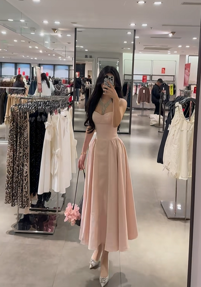 Light pink spaghetti strap waist-cinching slim-fit elegant prom dress R7924
