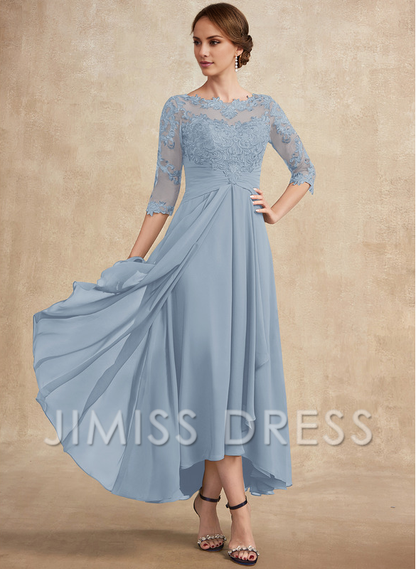 A-line hollow illusion asymmetrical lace chiffon belt with layered ruffles mother of the bride dress