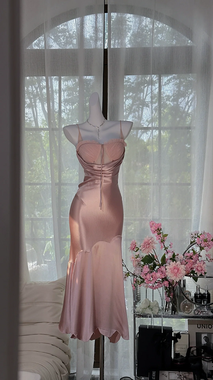 Champagne pink halter-neck satin fitted long ball gown R7652