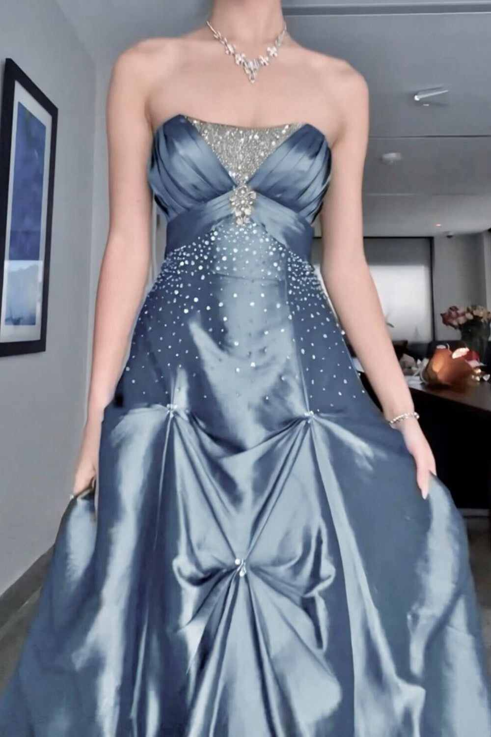 Dusty Blue Satin Beaded Bandeau Gown: Heavy Sparkle Stone, Ruched Mermaid, High-end Evening Maxi Dress gh6602