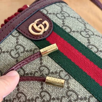 Gucci Ophidia Mini Bucket Bag Beige And Dark Red 20Cm