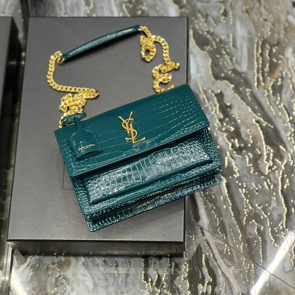 Saint Laurent Sunset Medium Chain Bag In Crocodile-Embossed Shiny Mint 22Cm 442906DND0J3144