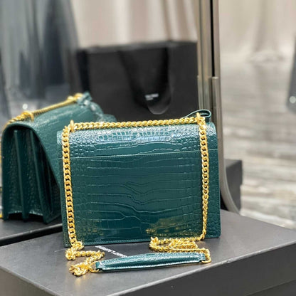 Saint Laurent Sunset Medium Chain Bag In Crocodile-Embossed Shiny Mint 22Cm 442906DND0J3144