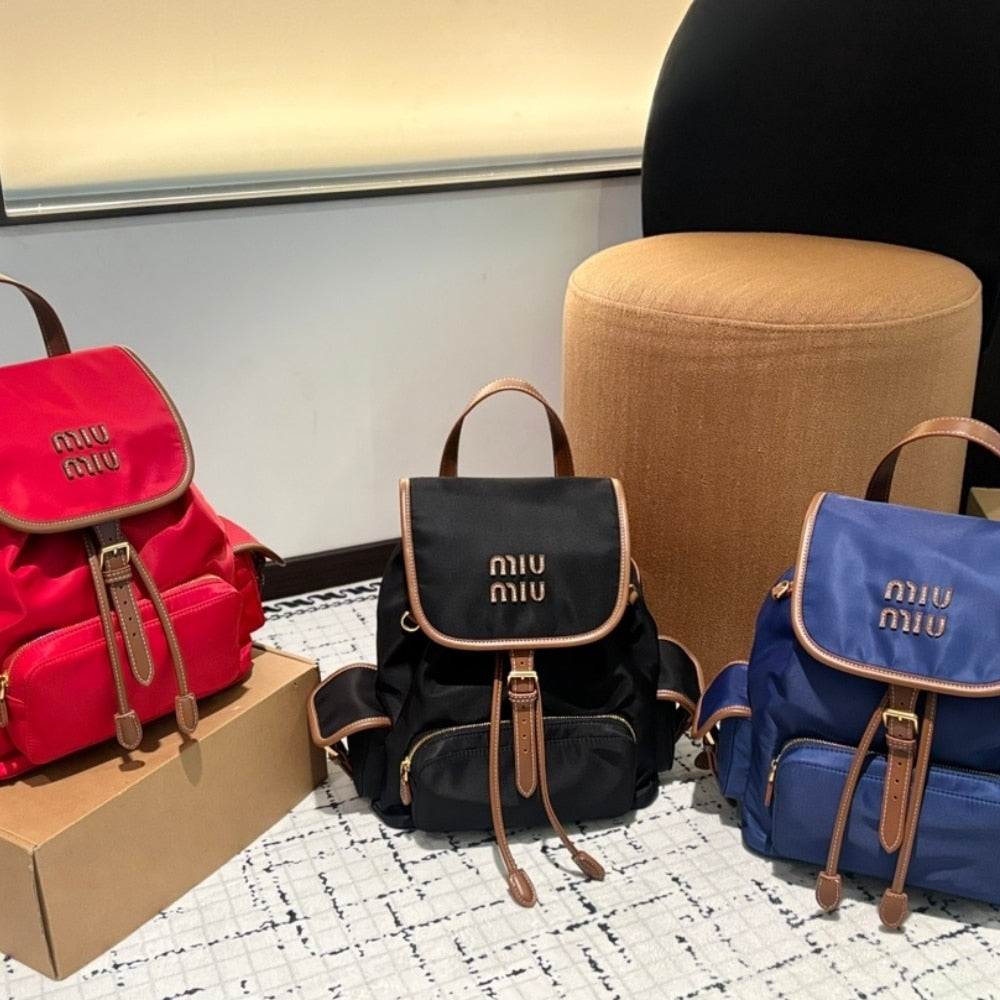 MIUMIU CANVAS BACKPACK CORNFLOWER BLUE AND BRANDY 27CM 5BZ042 2IBQ F0TQF V OOO