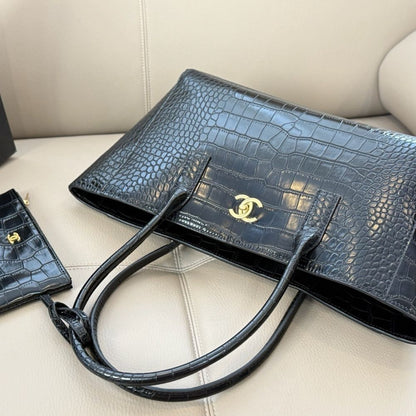 Chanel Large Embossed Tote Bag Black With Gold CC And Pouch 35Cm