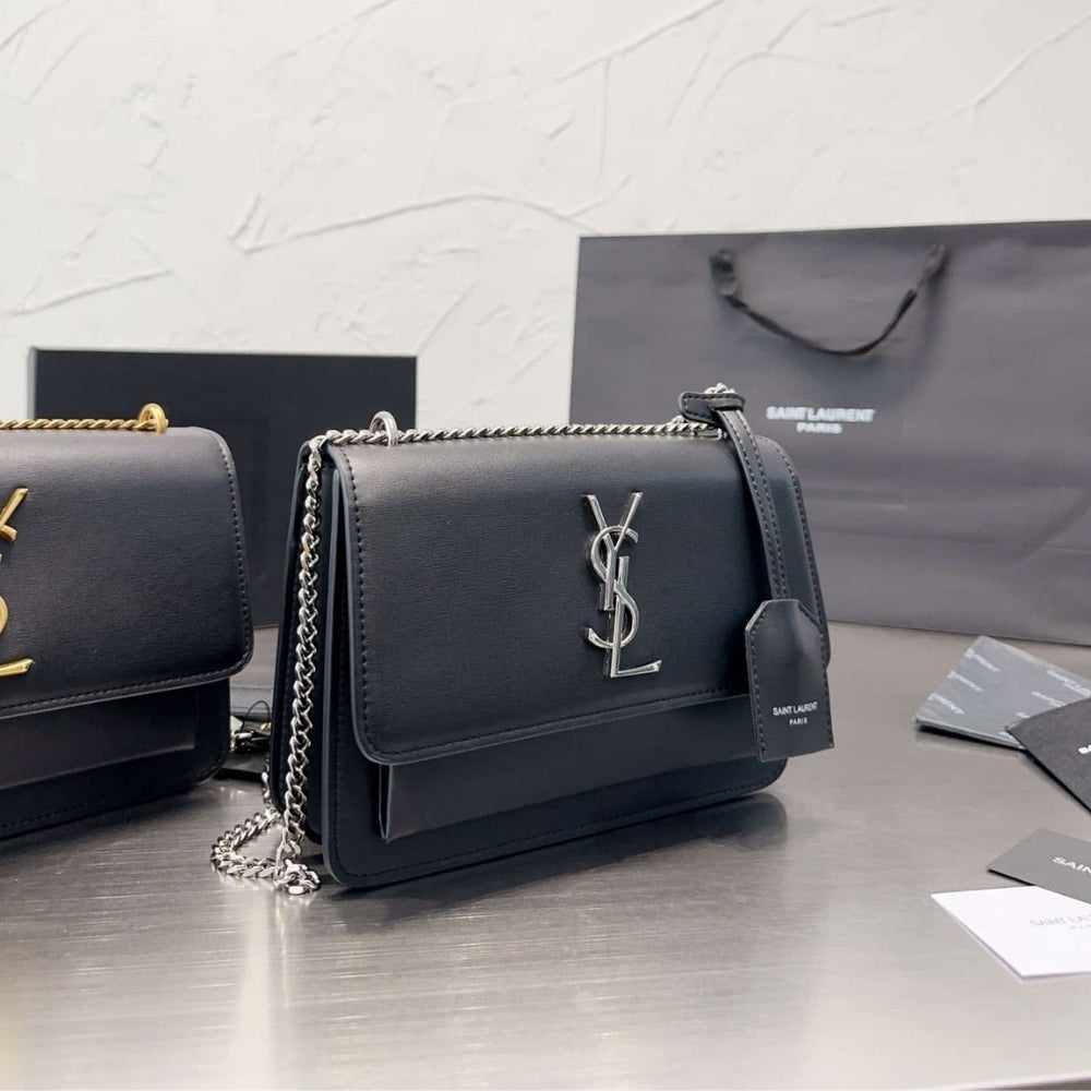 Saint Laurent Sunset Medium Chain Bag In Smooth Black With Silver Hardware 22Cm 442906D420N1000