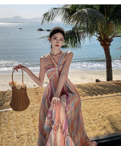 New Rainbow Stripe Design Beach Holiday Casual Halter Dress TP3012