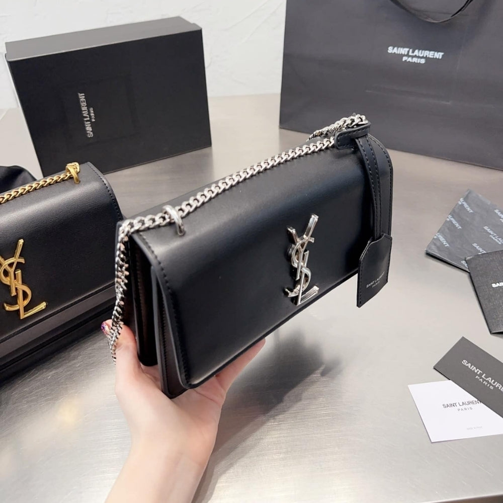Saint Laurent Sunset Medium Chain Bag In Smooth Black With Silver Hardware 22Cm 442906D420N1000