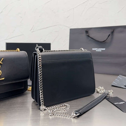 Saint Laurent Sunset Medium Chain Bag In Smooth Black With Silver Hardware 22Cm 442906D420N1000