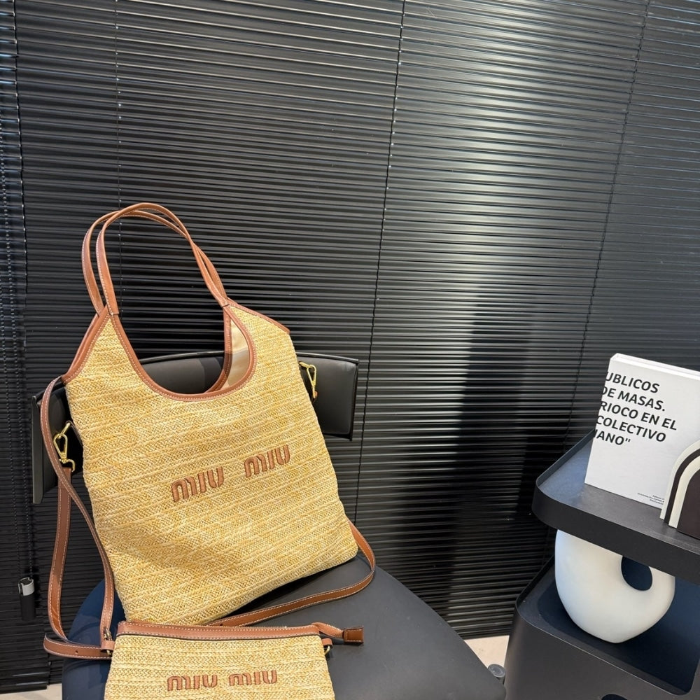 MIU MIU IVY STRAW BAG PREMIUM BROWN 34CM