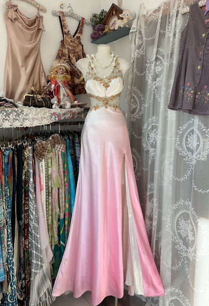Gradient halter neck rhinestone fitted mermaid gown, ball gown R6301