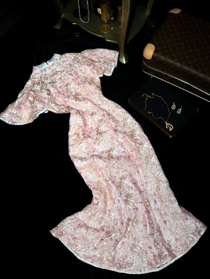 Pink floral print fitted midi ball gown R6858
