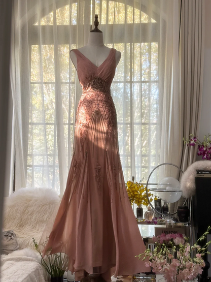 Nude pink V-neck fitted waist bodycon sexy long ball gown R7734