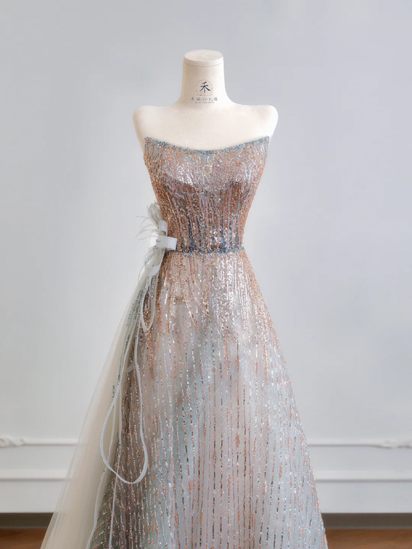 Gradient color strapless waist-cinching A-line long ball gown R8204