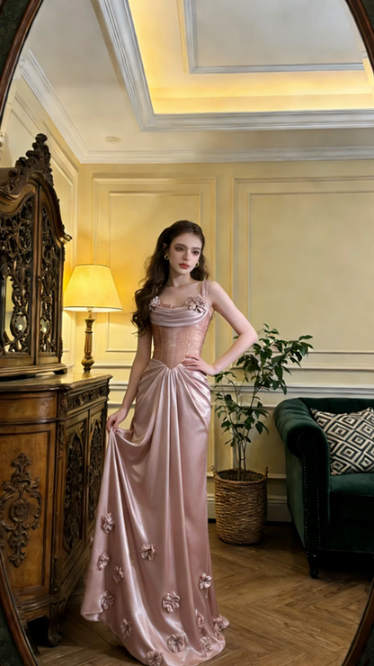 Champagne pink halter-neck fitted long ball gown, bridal dress R8591