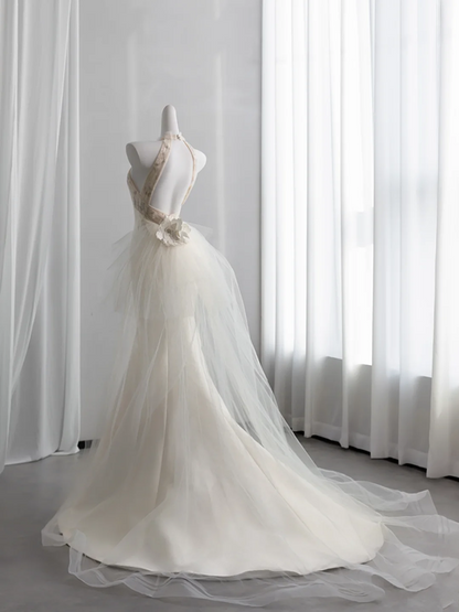 Off-white halter neck fitted waist slim fishtail long ball gown R8434