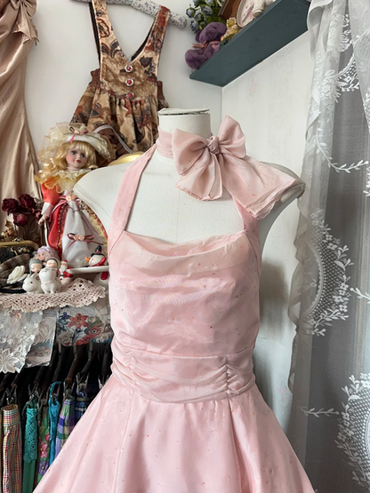 Pink halter-neck, fitted A-line mini skirt, prom dress R6259