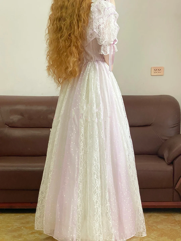 Light Purple Ruffled-Collar Waist-Cinched Long-Length Elegant Ball Gown, Bridal Gown R7332