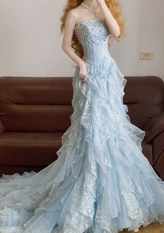 Light Blue Strapless Waist-Cinched Elegant Long Ball Gown & Bridal Gown R7380