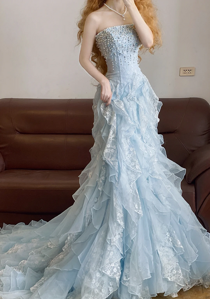 Light Blue Strapless Waist-Cinched Elegant Long Ball Gown & Bridal Gown R7380