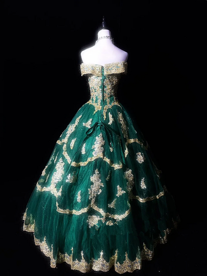 Dark green off-shoulder fitted waist slim-fitting ball gown with a full skirt R8686