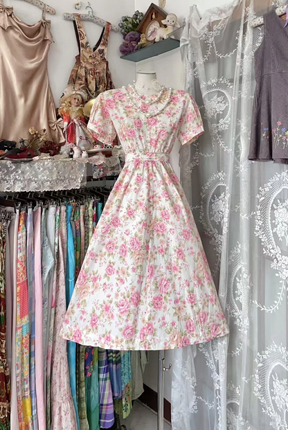 Pink vintage rose print fitted midi ball gown R7845
