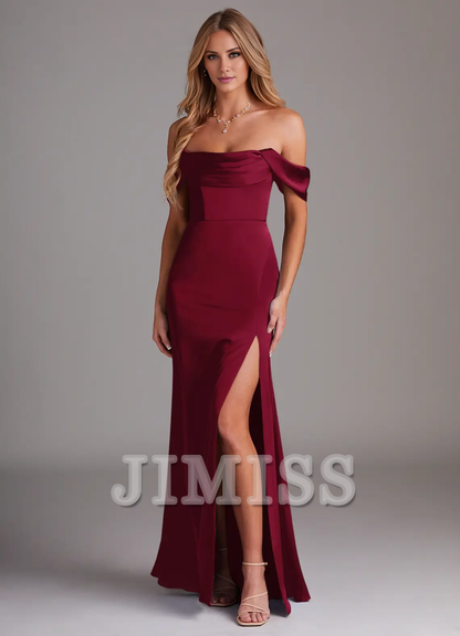 Off Shoulder Side Split Satin and Floor length Bridesmaid Dress - Dress