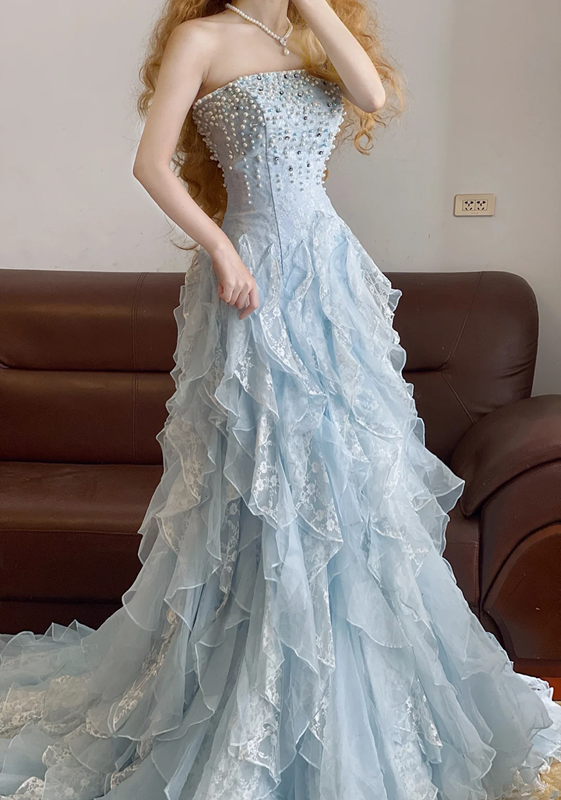 Light Blue Strapless Waist-Cinched Elegant Long Ball Gown & Bridal Gown R7380