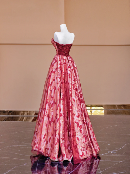 Red strapless, fitted waist, long ball gown with a full skirt R8380