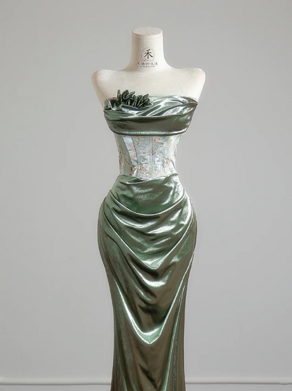 Gray-green strapless fitted waist bodycon long ball gown R8152