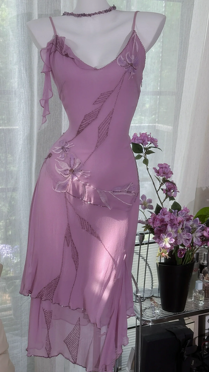 Light purple halter-neck fitted midi ball gown R7653