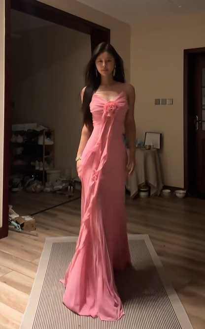 Light pink halter-neck fitted waist bodycon sexy long ball gown R8088