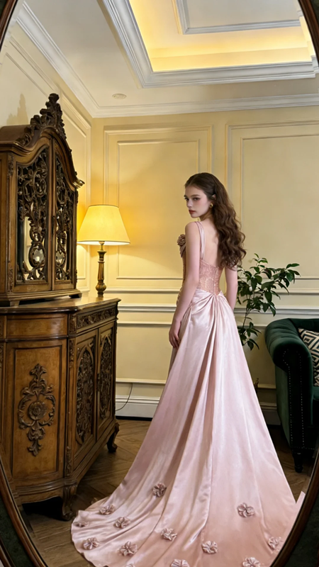 Champagne pink halter-neck fitted long ball gown, bridal dress R8591