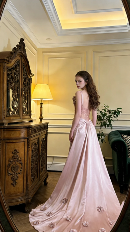 Champagne pink halter-neck fitted long ball gown, bridal dress R8591