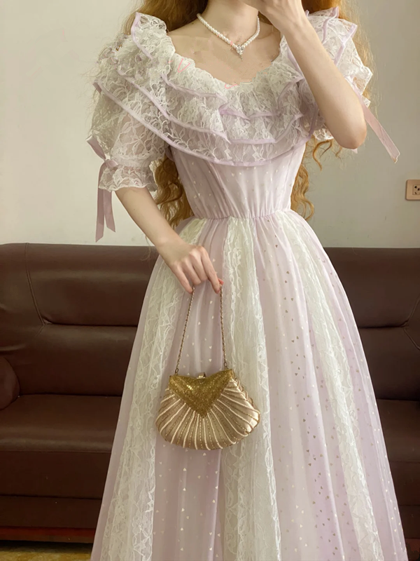 Light Purple Ruffled-Collar Waist-Cinched Long-Length Elegant Ball Gown, Bridal Gown R7332
