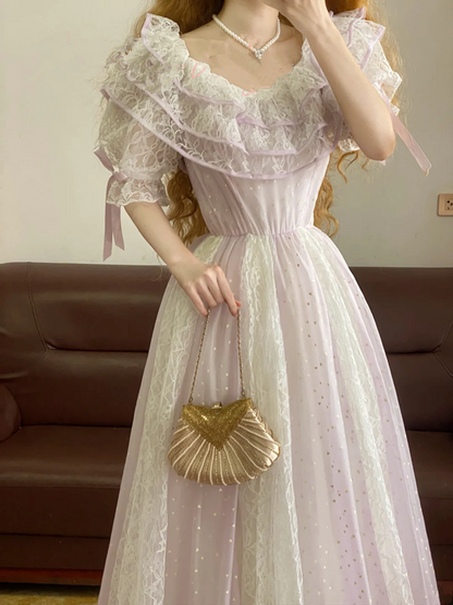 Light Purple Ruffled-Collar Waist-Cinched Long-Length Elegant Ball Gown, Bridal Gown R7332