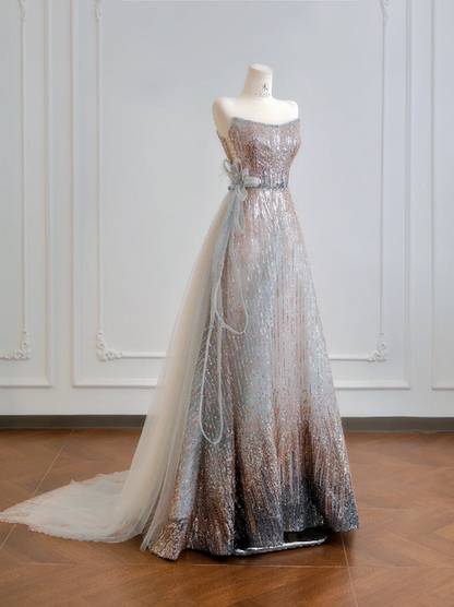 Gradient color strapless waist-cinching A-line long ball gown R8204